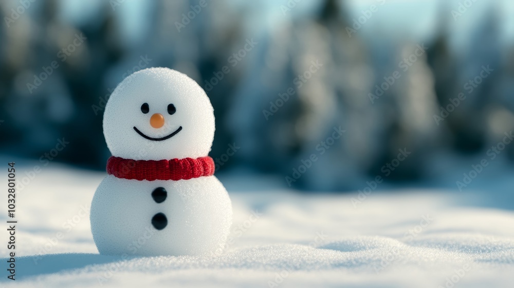 Poster snowflake character with swirling icy patterns, smiling warmly as it floats among snow-covered trees
