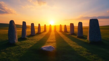 Sun rising directly above an ancient stone circle, casting long shadows across the ground, symbolizing the alignment and balance of the Spring Equinox 