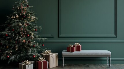 A gray bench with wrapped presents sits beneath a Christmas tree by a green wall.