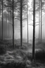 Fototapeta premium Sun Rays Piercing Through Foggy Forest in Black and White