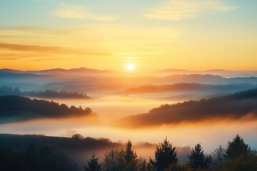 Obraz premium Serene Sunrise Over Fog-Covered Hills and Forest