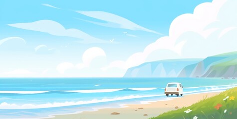  a cute van driving on a road with a coastal scenery in light yellow and blue tones , and a calm sea with scattered houses and green mountains.
