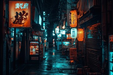 A Narrow, Wet Alleyway in Japan Illuminated by Lanterns