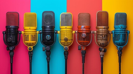 Vibrant collection of colorful vintage microphones in various hues against a bold background, showcasing professional sound recording equipment