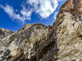 close up of rocky mountain peak under clear blue sky. Log pod Mangartom. Slovenia. Julian alps. mountain landscape. nature photography