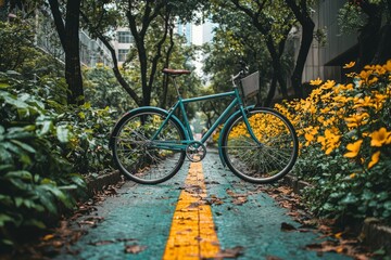 Fototapeta premium A Teal Bicycle Parked on a Path Lined with Green Bushes and Yellow Flowers