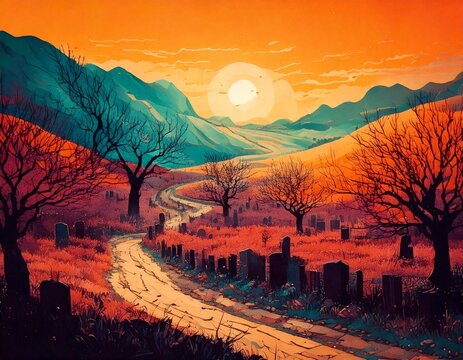 A winding road through an ancient graveyard, flanked by sparce withering trees that stand throughout the tombstones.