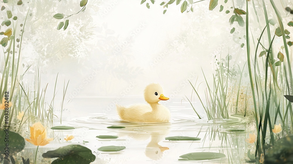 Poster   A duck gracefully glides atop tranquil water, surrounded by a verdant forest teeming with lush foliage