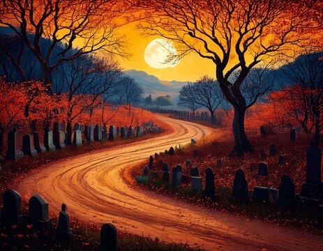 A winding road through an ancient graveyard, flanked by sparce withering trees that stand throughout the tombstones.