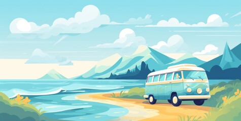 a cute van driving on the road, overlooking the sea and mountains. The scene features green grass, fluffy white clouds