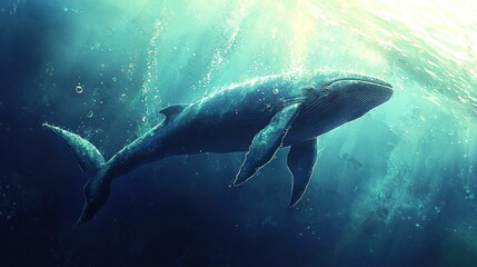 Fototapeta premium A humpback whale painting with sunbeams illuminating its swim in the ocean