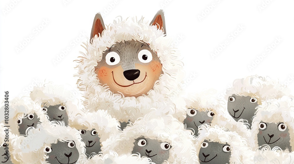 Sticker   A flock of sheep gathered around a stuffed toy animal