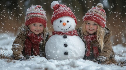Children building a snowman during the Christmas holidays, highlighting the fun and joy of winter activities