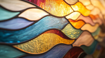 Obraz premium Colorful stained glass with wave-like patterns.