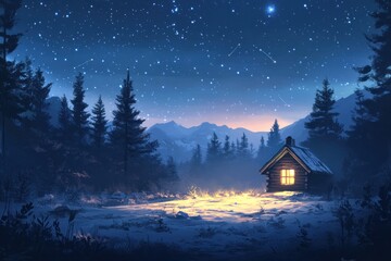 A Cabin Glowing with Warm Light Amidst a Snowy Forest Under a Starry Sky