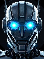 Futuristic Metal Warrior Robot with Glowing Blue Eyes in Dark Night Scene with Ambient Lighting