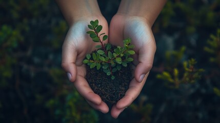 Fototapeta premium Hands cradle a small plant with vibrant leaves, symbolizing care and love for nature, set against a backdrop of rich green foliage under daylight