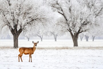 A Fawn Standing in a Snowy Field with Frost Covered Trees