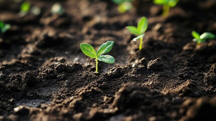 Young green seedlings growing from fertile soil