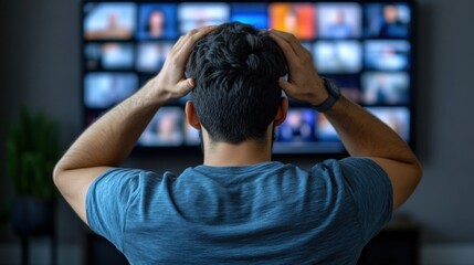 In a cozy living room, an individual with dark hair sits on a couch, their hands on their head, feeling overwhelmed by the constant barrage of news from various channels on the large screen