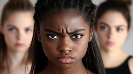 Three girls demonstrate various intense expressions in a modeling session, with one girl prominently displaying a serious demeanor. The studio background highlights their emotions