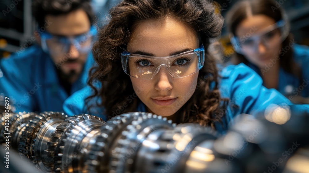 Poster team of workers assembling complex machinery in a factory, illustrating teamwork and precision in in