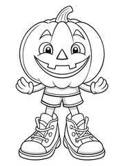 Line drawing of a pumpkin-headed boy character for a Halloween-themed coloring activity