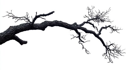 Obraz premium The slender, barren branch extends outward, showcasing a complex arrangement of twigs. Its dark texture contrasts sharply with the crisp white background, emphasizing its organic elegance