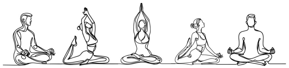 collection of meditating people in monoline style line art black vector