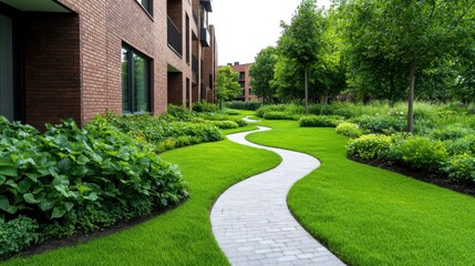 Fototapeta premium Sustainable landscape design being implemented around a new housing development, showcasing the integration of nature and eco-friendly urban planning