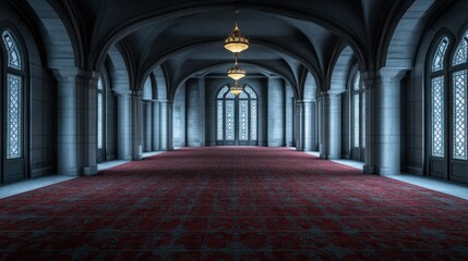 Obraz premium This spacious hall showcases elegant chandeliers hanging from a high ceiling, with arched windows allowing soft light to flood the red carpeted floor, creating a serene atmosphere