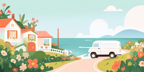 Naklejka premium a cute van driving on a road with a beautiful seaside and green hills in the background. 