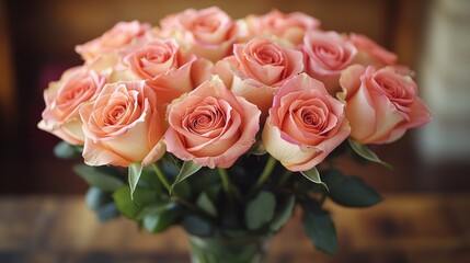 Fototapeta premium Beautiful bouquet of roses in a vase on a table, representing love, elegance, and the timeless charm of flowers