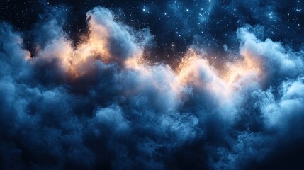 A mesmerizing display of clouds subtly lit by warm, golden hues, contrasting against a deep blue night sky filled with shimmering stars, creating a captivating atmospheric effect