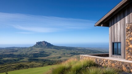 Fototapeta premium A stylish wooden structure is positioned on a hillside, offering a panoramic view of lush green fields and a prominent mountain in the distance, illuminated by the clear blue sky