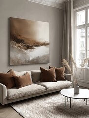 Modern Living Room with Neutral Tones and Abstract Wall Art, Minimalist Design