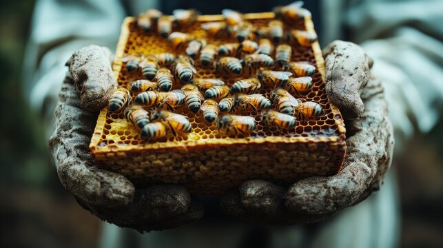 Beekeeper inspecting honeycombs in a hive, representing the delicate balance between nature and agriculture in apiculture