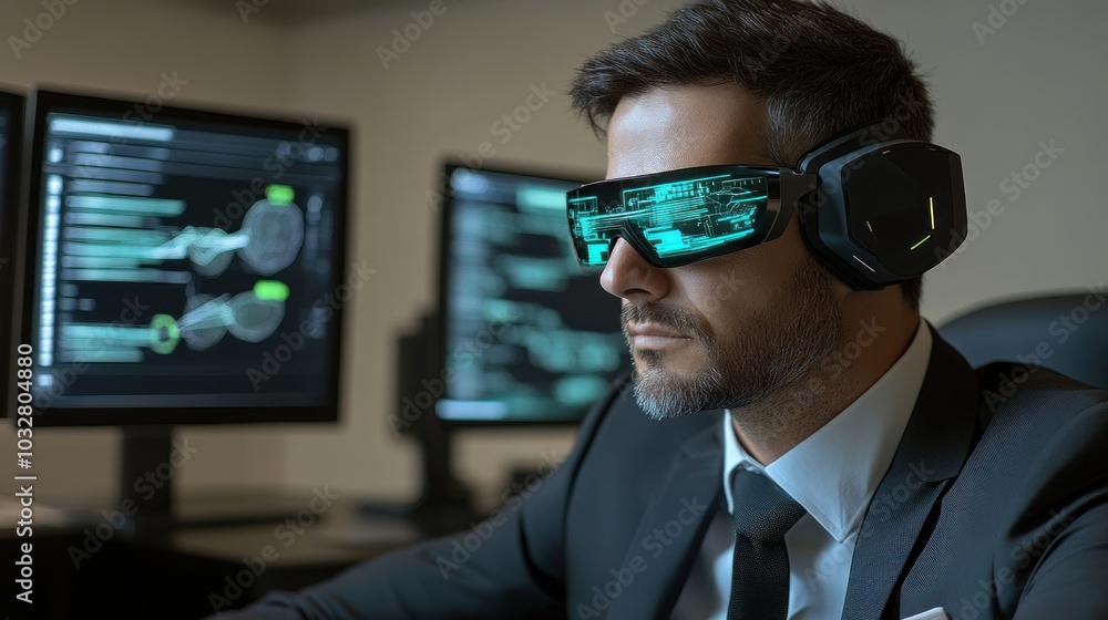 Poster a man in a suit sits at a desk, wearing advanced augmented reality glasses, intently studying digita