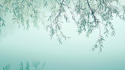 Obraz premium The branches of a willow tree are mirrored in the water of a lake, surrounded by a blue sky