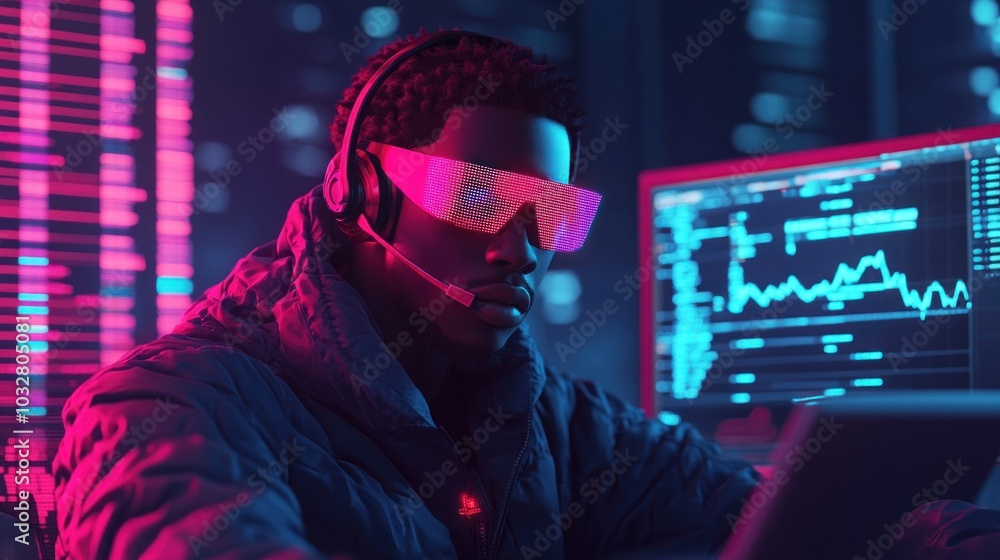 Poster working late into the night, a person with stylish glasses engages with multiple screens displaying 