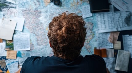 A young individual sits in front of a wall covered in a world map and various notes, deep in thought about their travel plans, surrounded by a wealth of information and reminders