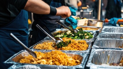 Obraz premium Chefs are busy serving an array of colorful dishes at a lively food market. The trays are filled with rice, vegetables, and garnishes, enticing passersby with their freshness