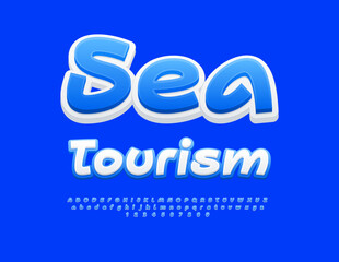 Vector travel Emblem Sea Tourism. Funny White and Blue Font. Playful style Alphabet Letters and Numbers set.