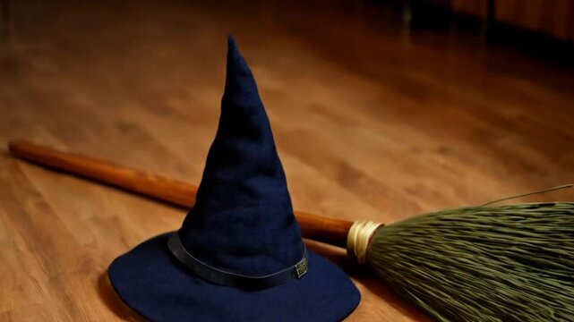 A witch&rsquo;s hat and broomstick lie on a wooden floor. There's ample space above for your text. Perfect for Halloween themes.