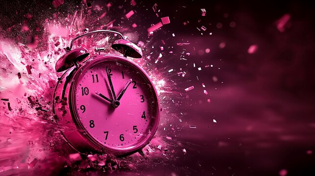Explosive pink alarm clock shattering into fragments, symbolizing time pressure and urgency. Dynamic composition with vibrant magenta hues and flying debris.