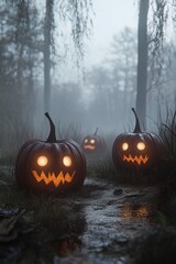 Charming pumpkins with glowing eyes emerge in a foggy woodland at dusk. Generative AI