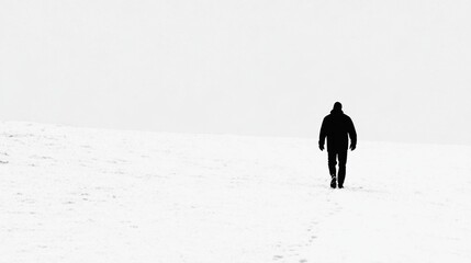 A lone person dressed in black strides across a tranquil, white expanse of snow, surrounded by a minimalistic, foggy environment on a cold winter's day