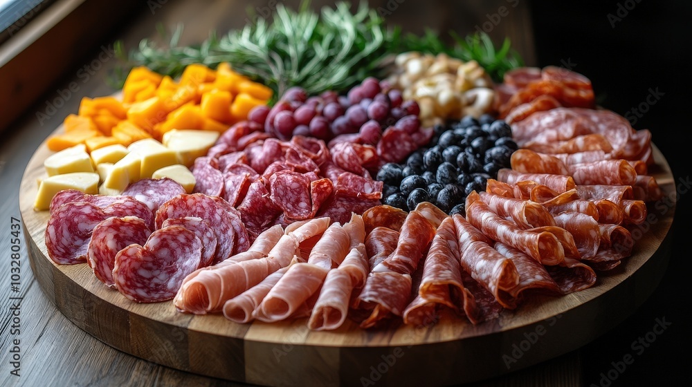 Poster elegant charcuterie boards arranged in circular pattern with gentle curves from top-down perspective