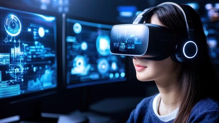 The young woman is fully engaged in her virtual reality experience, wearing a VR headset while surrounded by multiple screens displaying futuristic graphics and data in a dimly lit room