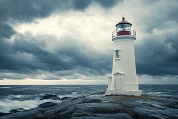 Obraz premium A White Lighthouse Stands Tall on Rocky Coast Under a Cloudy Sky